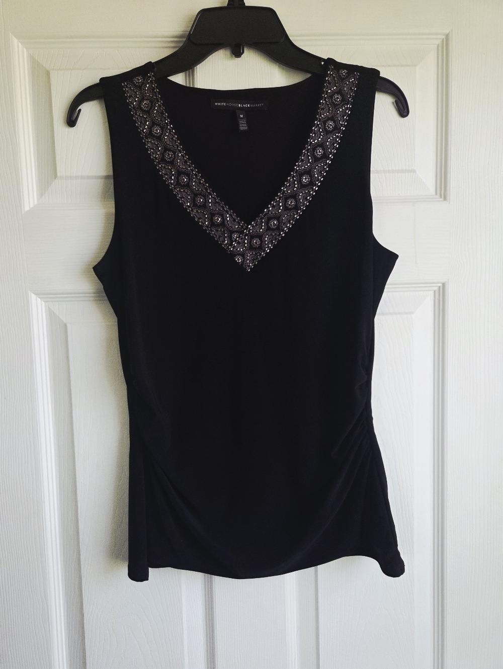 White House Black Market ✨️ Black Sleeveless V-Neck Women's Top with Beaded Trim